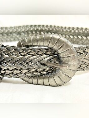 Vintage Metallic Silver Braided Belt Boho Woven Round Buckle S/M